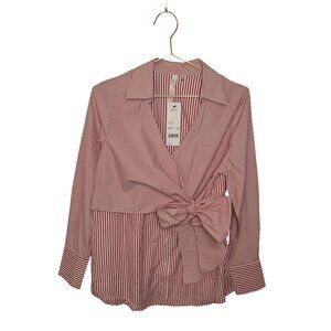 NY Collection Striped Long Sleeve Blouse With Front Tie - Size M